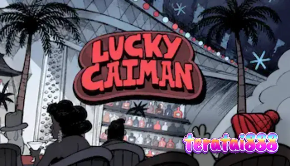 Tampilan visual slot Lucky Caiman dengan tema lounge retro dan karakter buaya.
